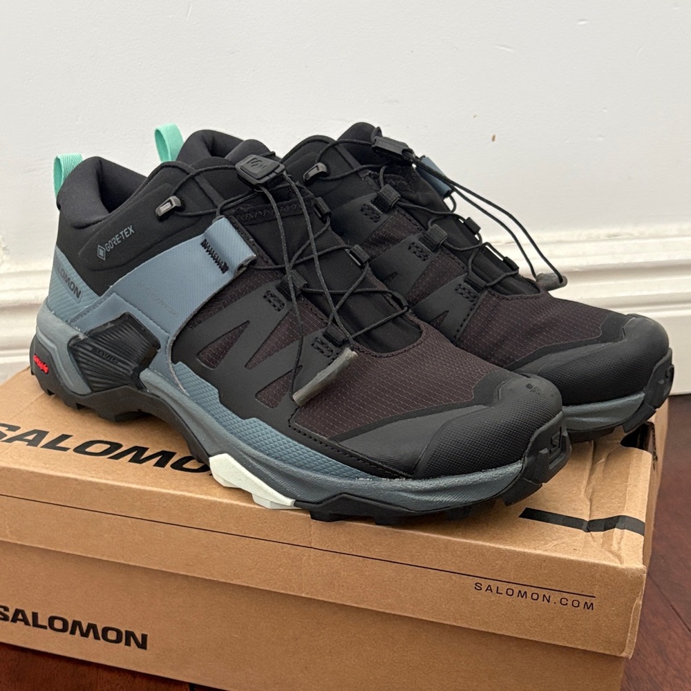 Salomon Women's Black Slate Blue Trail Shoes with Mint Pull Tabs